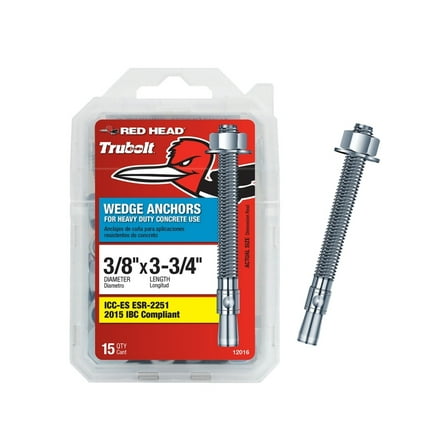 Red Head 12016 Concrete Wedge Anchor, 3/8 in Dia, 3-3/4 in L, Steel, Zinc Silver - pack of 15
