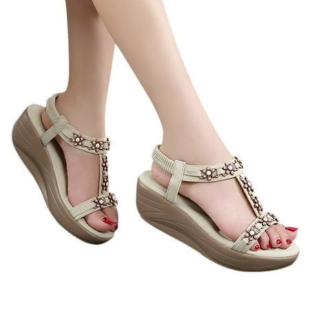 HSMQHJWE T-Strap Flip Flops Shoes-HSMQHJWE Bohemia Open Toe Sparkly Sandals with Comfortable Padded Sole Flat Sandals for Women Beige 6.5)