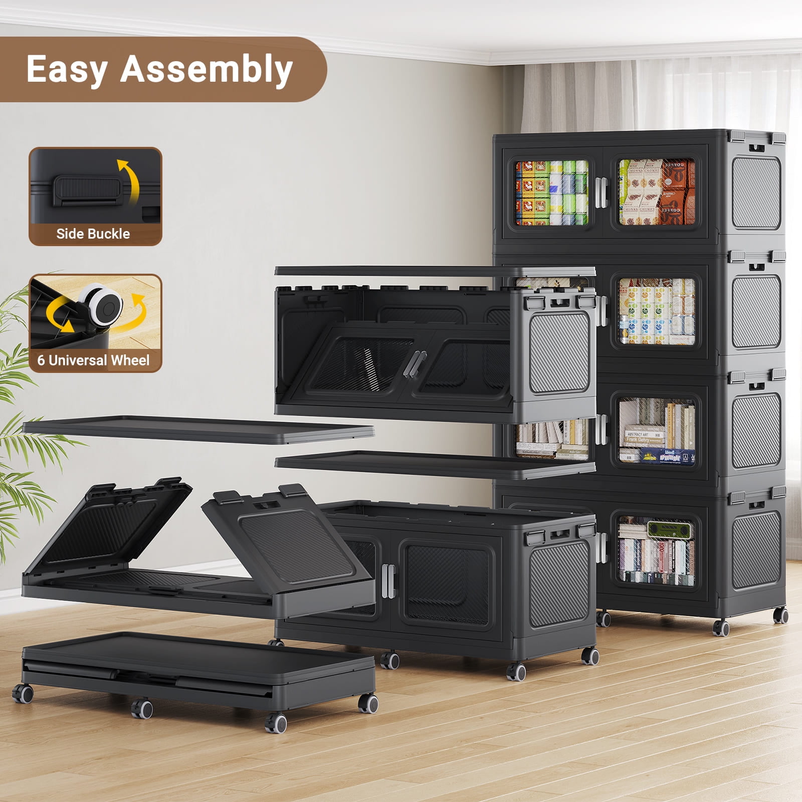 Broview 330 Gal Extra Large Stackable Storage Bins with Lids & Wheels - 1250 L - 1320Qt- Open Front Door for Home, Office, Clothes, Toys, Black
