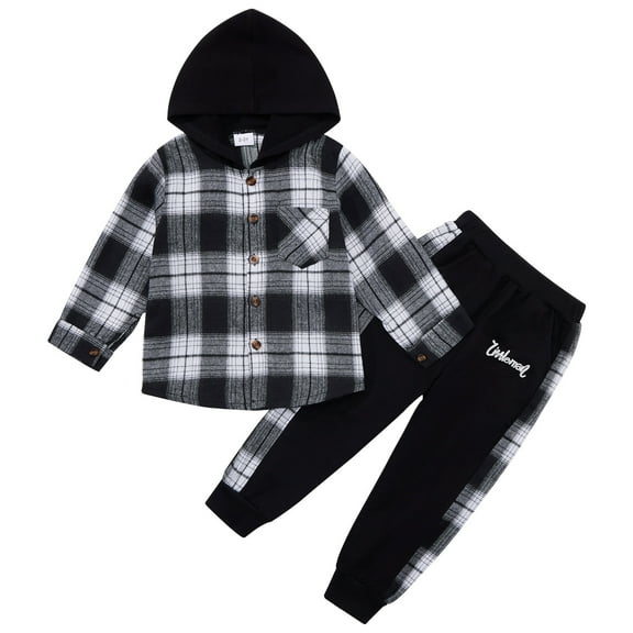 Usaibhir Toddler Baby Boys Clothes Flannel Lattice Button Down Long Sleeve Plaid Hooded Tops  Pants Boys Fall Winter Outfits 18M-6Y