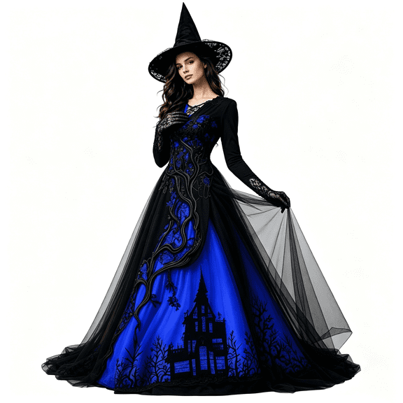 AoDai Gothic style long-sleeved witch dress with ghost castle print, suitable for Halloween party cosplay (all dress patterns are printed, the dress does not include a petticoat).