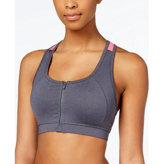 Ideology Zip-Up High-Impact Sports Bra, Size X-Large, Dark Grey w/ Pink