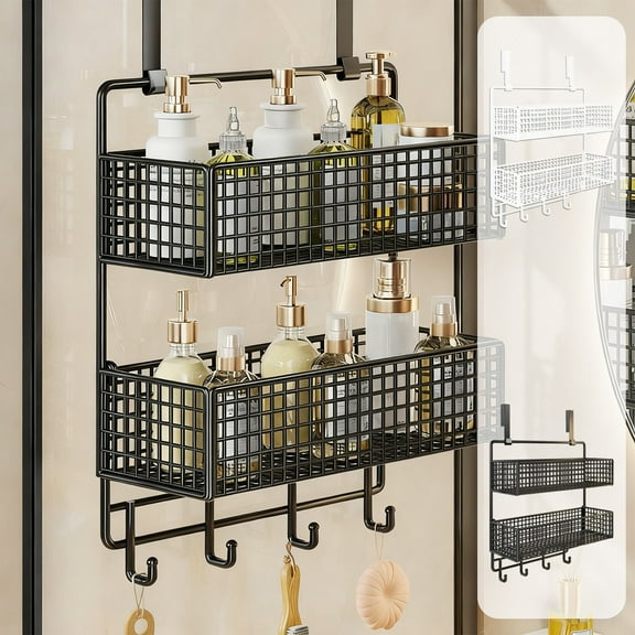 mfyjkho Over The Door Organizer, 2-Tier Storage Baskets with 4 Hooks, Metal Hanging Shelf for Bathroom Kitchen Pantry, Space Saving Rack, 17.32X10.62In