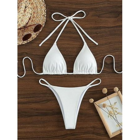 11 Colors Women Sexy Simple Solid Halter Bikini Swimsuit High Waisted Lace Up Beach Bathing Suit Special Pit Stripe Fabric 2024 JIANGLANG