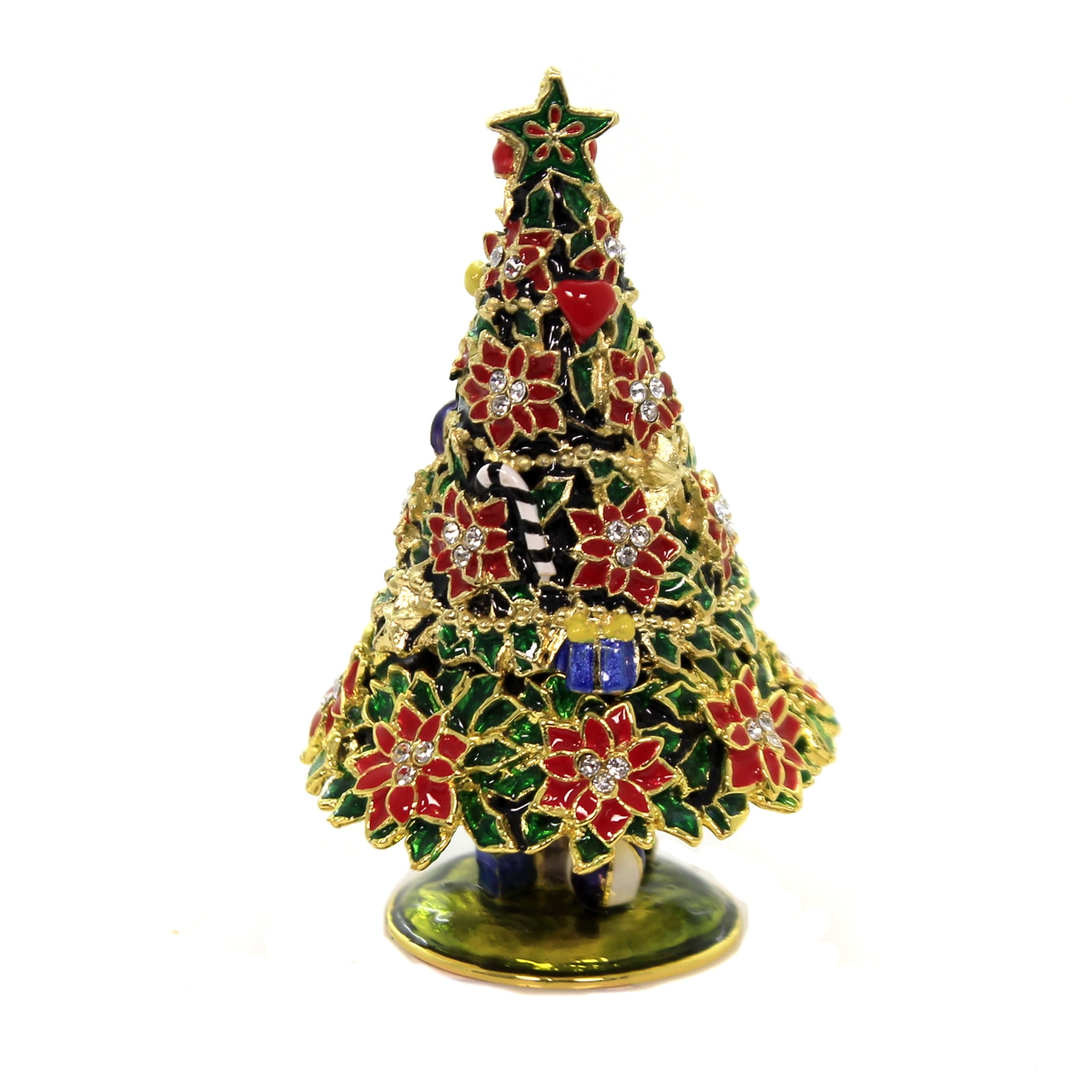 Hinged Trinket Box Poinsettia Tree Enameled Box Austrian Crystals 3195