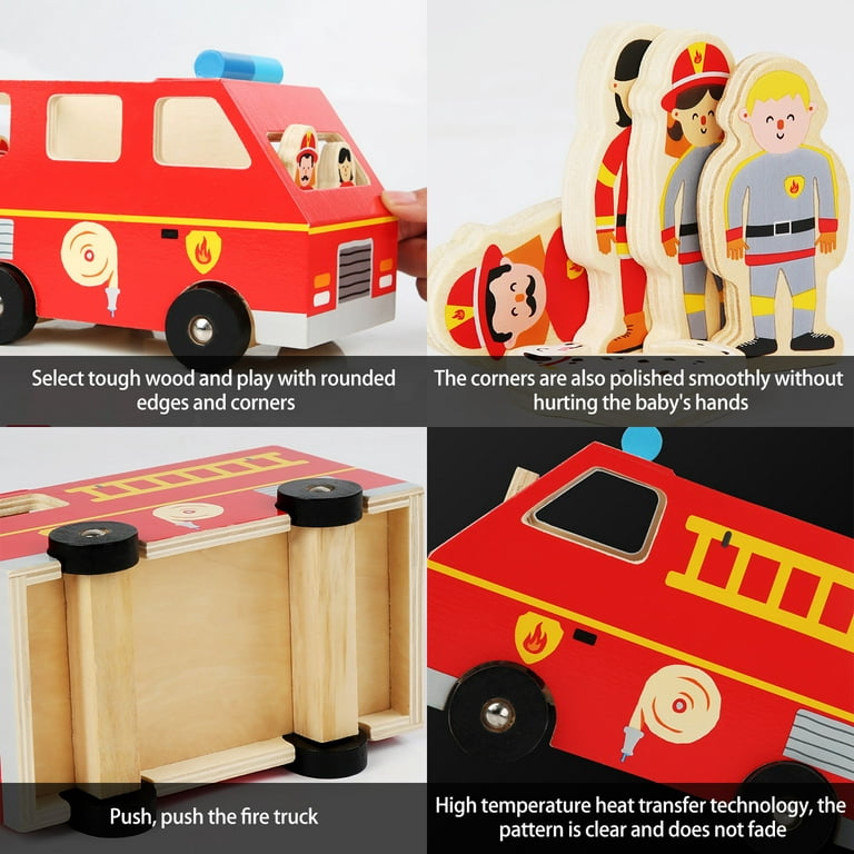 L&F Fire Truck Play Set, 3-Piece Wooden Play Kit with Fire Truck