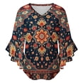 thumbnail image 5 of Colorful Floral Pattern Rug Women's V-Neck Blouse With 3/4 Ruffled Bell Sleeves Casual Top Ladies Blouses, 5 of 7