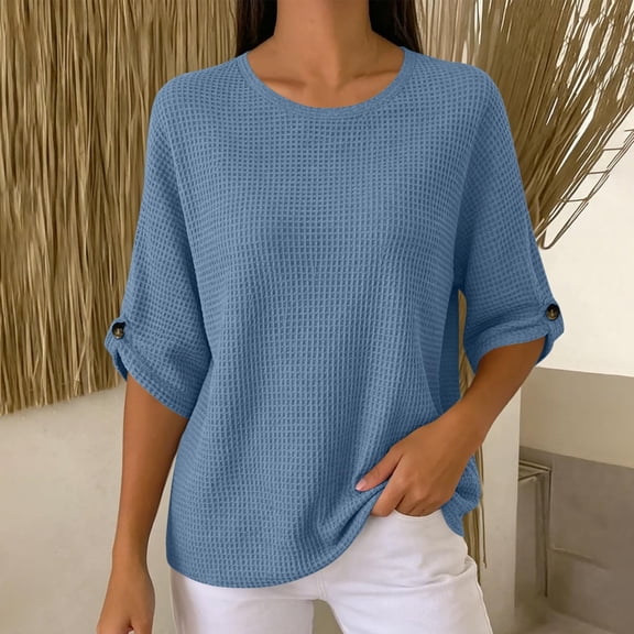 Gamivast Waffle Knit Shirts for Women 3/4 Sleeve Casual Basic Tops Crewneck Blouses Loose Fit Lightweight Fall Tunic Sweaters for Work Office Everyday Wear Blue M