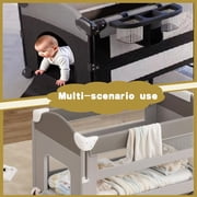Unisex Nursery Center Portable Baby Play Yard Folding Playpen with Bassinet,Changing Table,Wheels,Elevated Mosquito Net for Newborn,Four-Panels