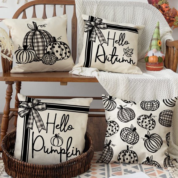 Modern Farmhouse Fall Pillow Covers 18x18 Set of 4 Hello Pumpkin Fall Outdoor Pillows Decorative Throw Pillows Cases Autumn Decor Black Vertical Stripe Thanksgiving