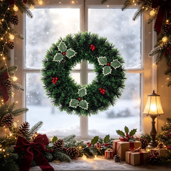 Fmbmuo Green Foliage Artificial Christmas Wreath , Red Berries Round Christmas Ornaments , For Xmas Tree Fireplace Front Door Wreath Wall Hanging
