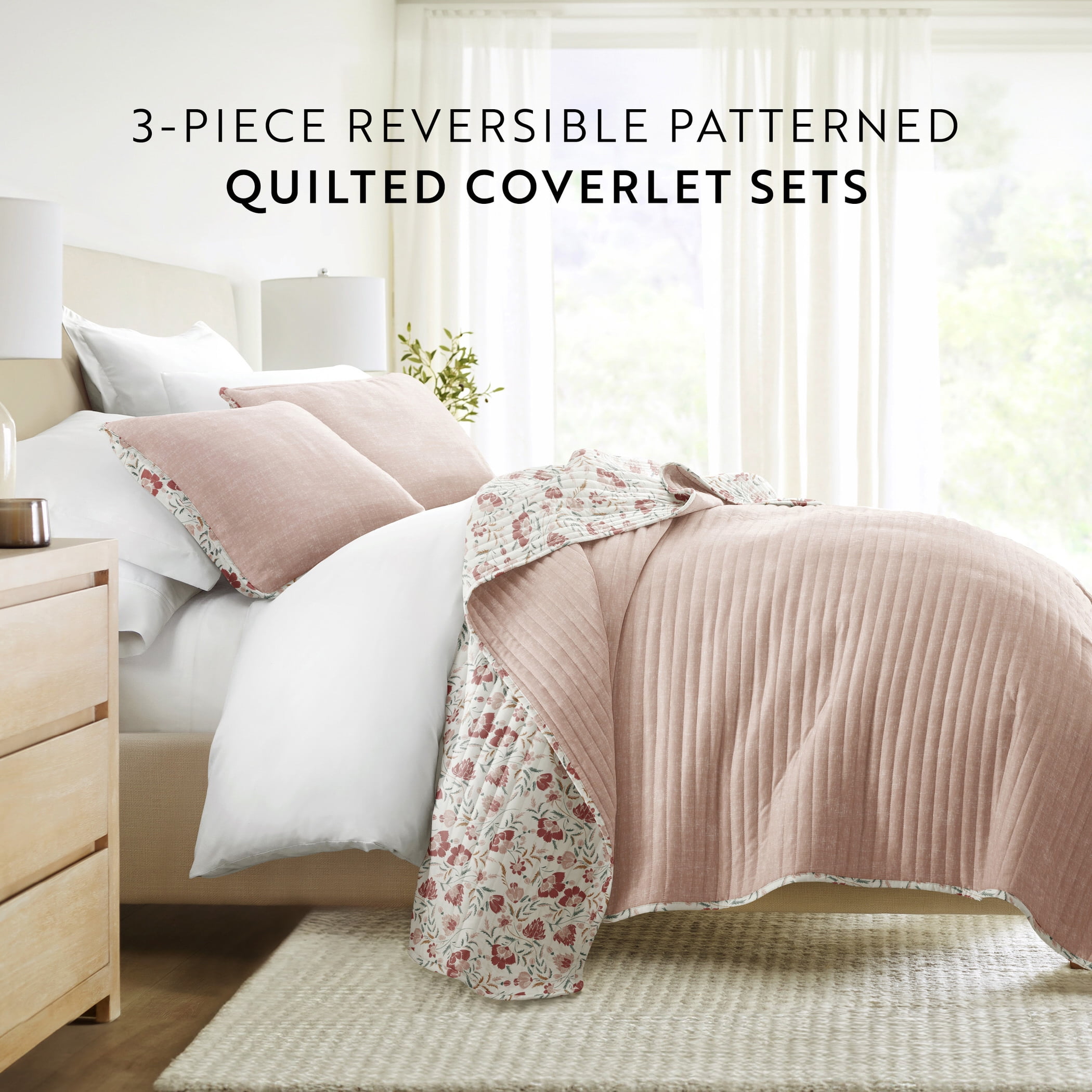 Noble Linens 3-Piece Rose French Jacobean Reversible Quilt Set, Queen