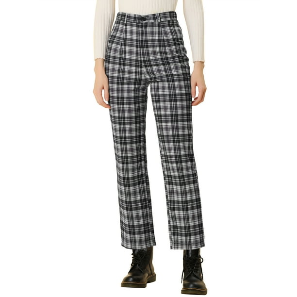 Pantalones de Tobillo Allegra K A Cuadros Para Mujer Trabajo Casual Con Botones Negro S