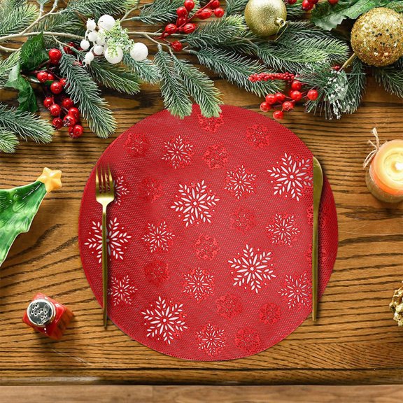 Wadada Christmas Round Placemats Red Placemats White Snowflakes Print Polypropylene Woven Braided Place Mat 15 inch Wipe Clean Winter Xmas Table Mats Kitchen Dining Table Decoration
