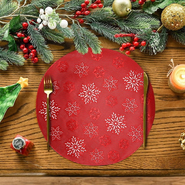 Meitianfacai Sets de Table de Noël Ronds en PVC Flocon de Neige Rouge Givré Antidérapant Adaptés aux Tables de Cuisine Festives, Rouge