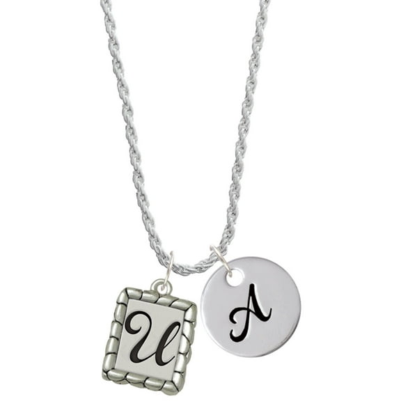 Delight Jewelry Silvertone Pebble Border Initial - U Silvertone Script Initial Disc - A - Charm Necklace, 20" 3"