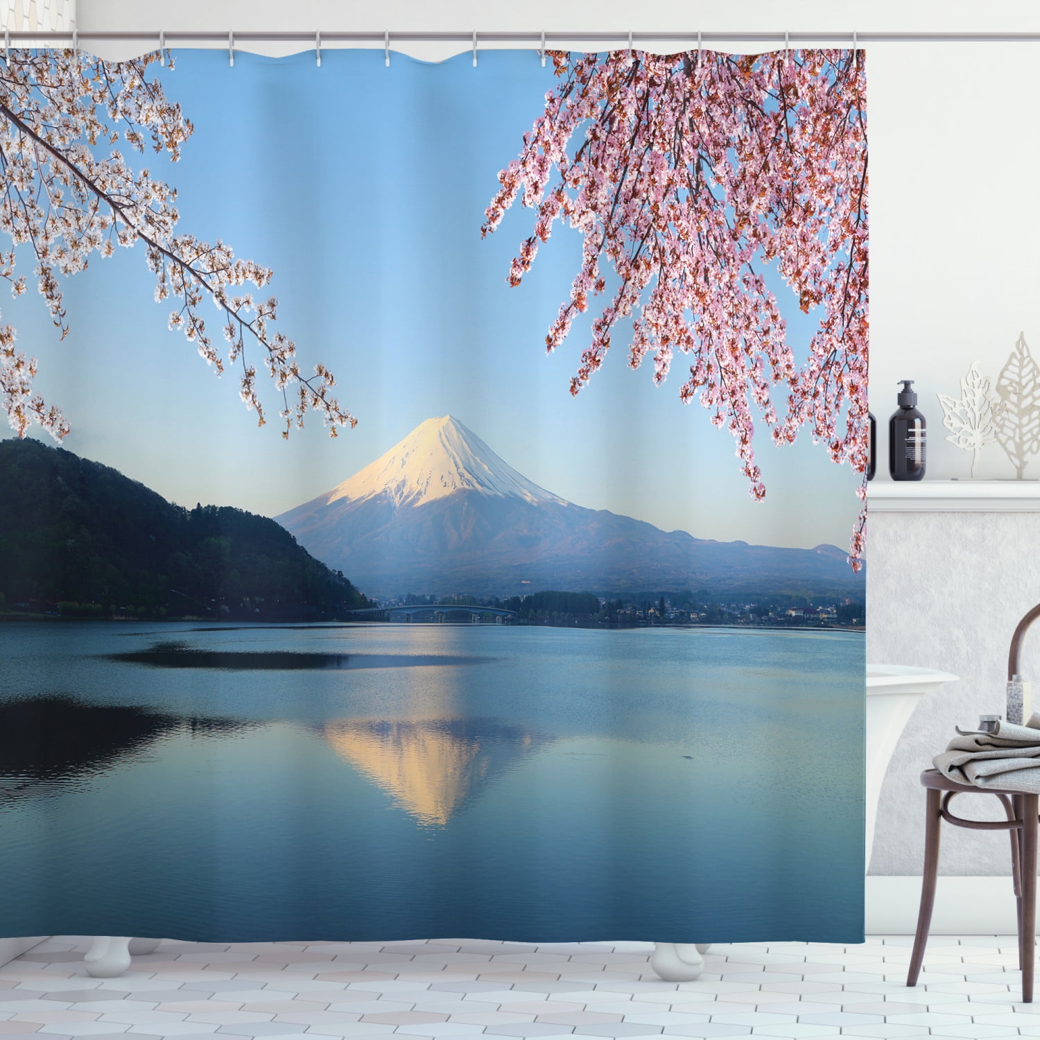 Cherry Blossoms & Mt Fuji Shower Curtain Liner Waterproof Fabric 12 Hooks & Mat 
