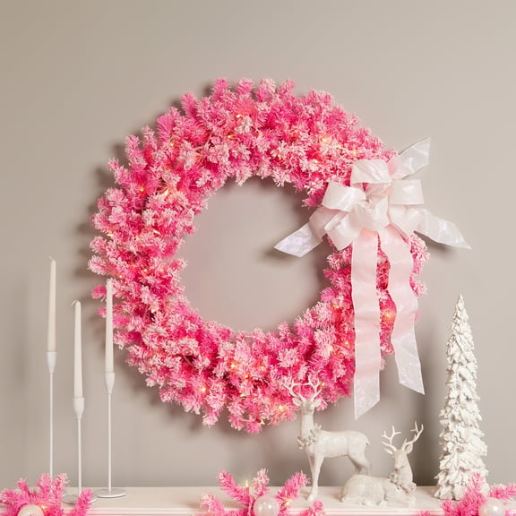 Northlight Pre-Lit Artificial Flocked Pine Christmas Wreath - 36" - Pink - Clear Lights
