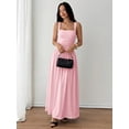 thumbnail image 6 of Petite Womens Solid Pink Square Neck Ruched Flared Maxi Dress For Spring Summer, 6 of 7