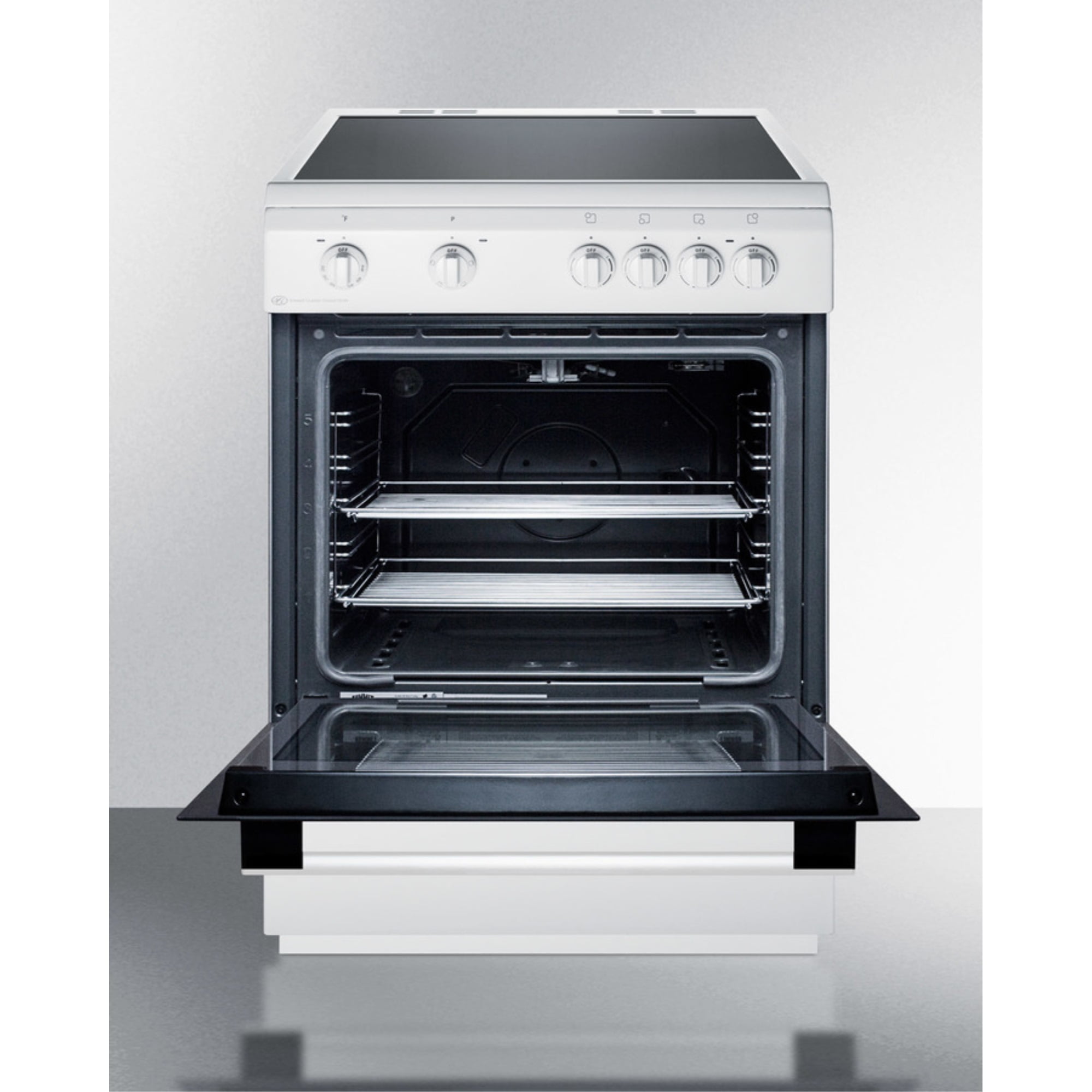 24" wide smooth top electric range in slide-in style and white finish, with storage drawer and large oven window in black glass