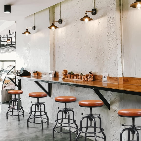 Industrial Bar Stools Vintage Counter Height Adjustable Kitchen Metal Bar Stool with Round Faux Leather  21.5-28 Inch Tall Light Brown