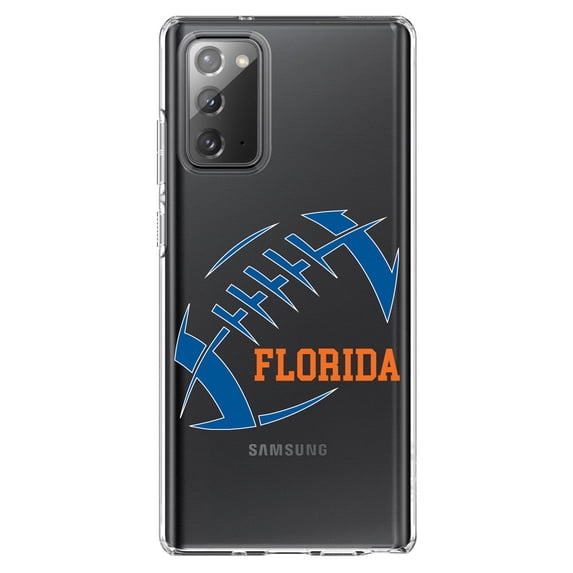 DistinctInk Clear Shockproof Hybrid Case for Galaxy Note 20 ULTRA (6.9" Screen) - TPU Bumper, Acrylic Back, Tempered Glass Screen Protector - Florida Football - Orange, Blue