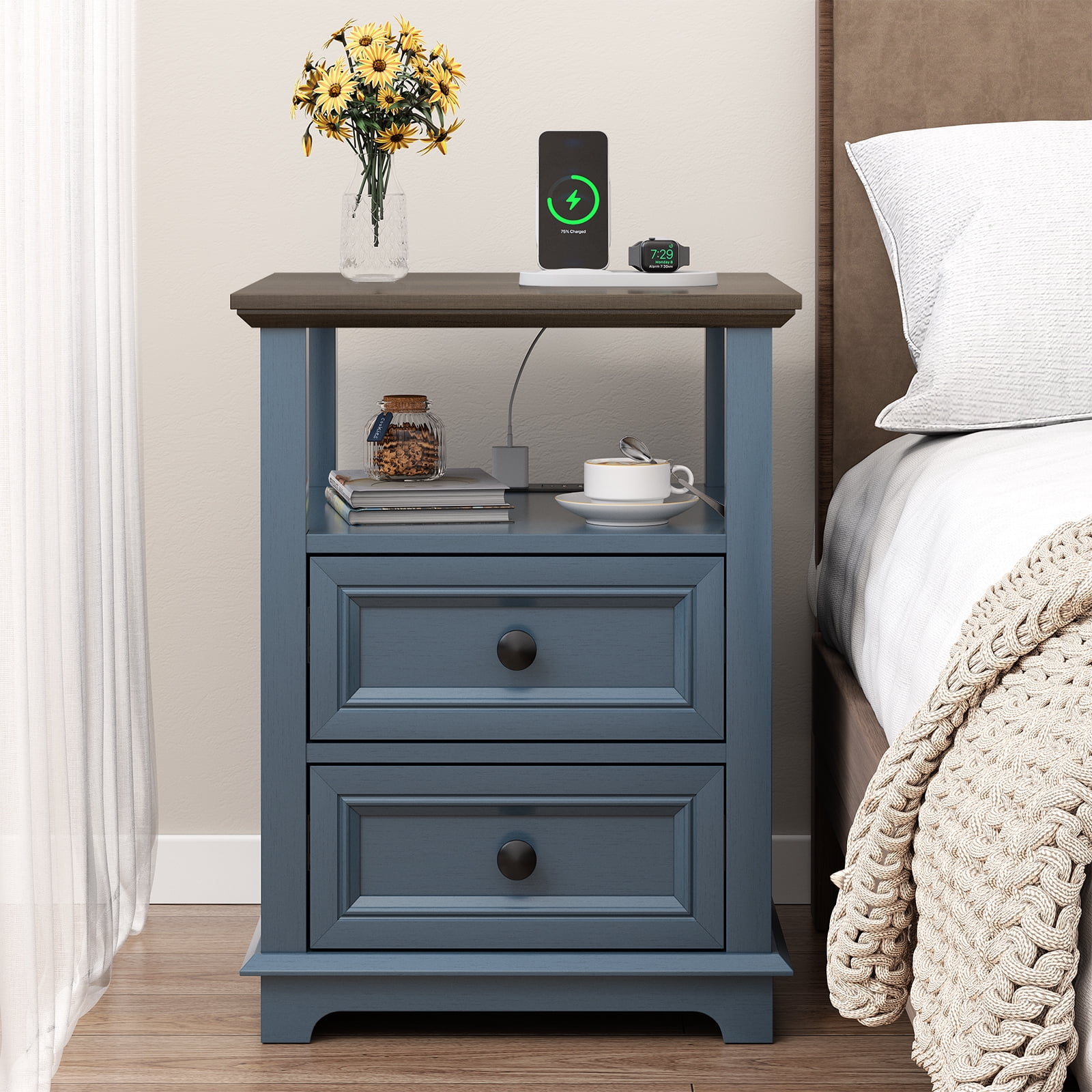 FAGAGA End Table with 2 Drawers for Living Room,Nightstand with Charging Station for Bedroom,Blue