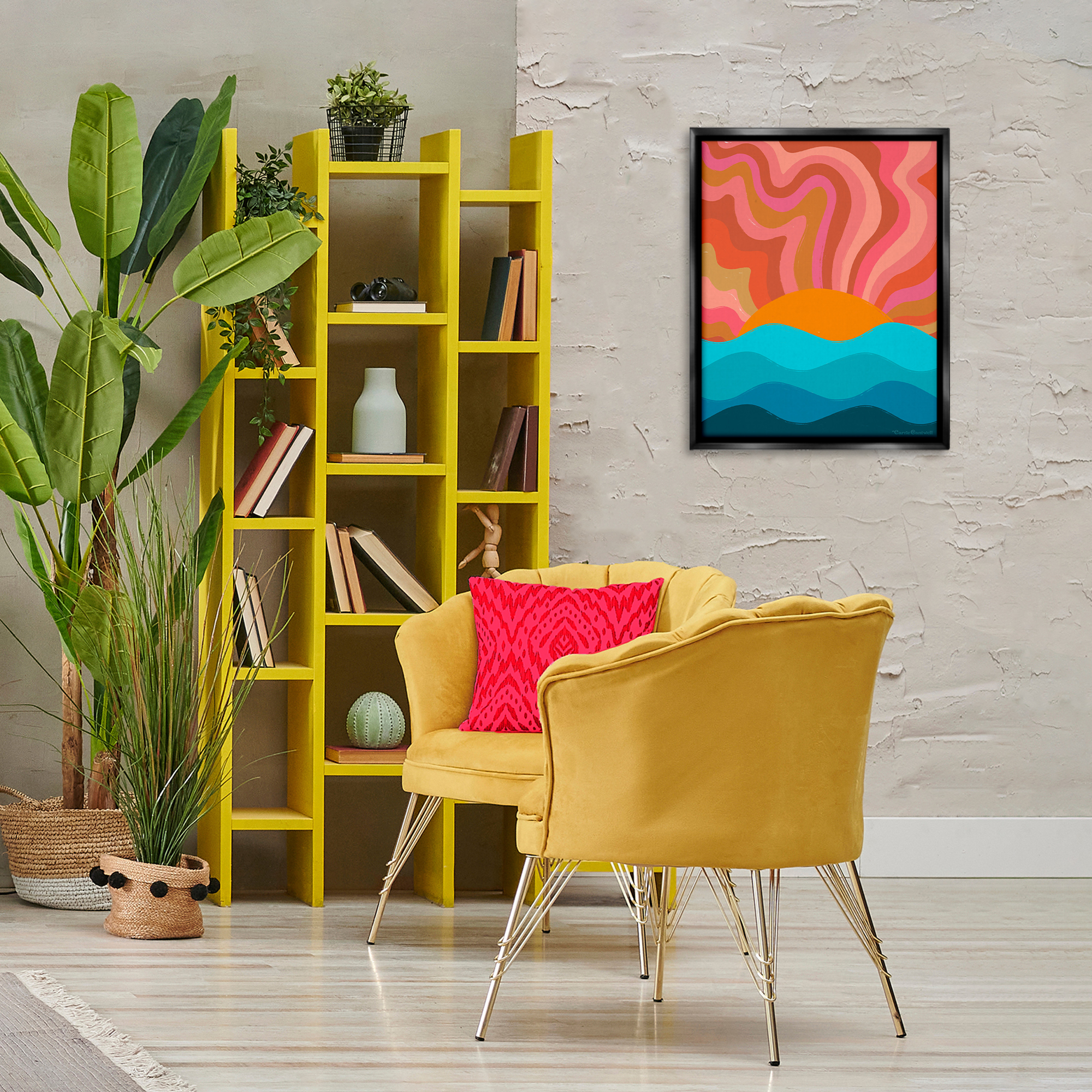 Stupell Industries Liquid Sunshine Funky Landscape Landscape Painting Black Floater Framed Canvas Art Print Wall Art, 17 x 21