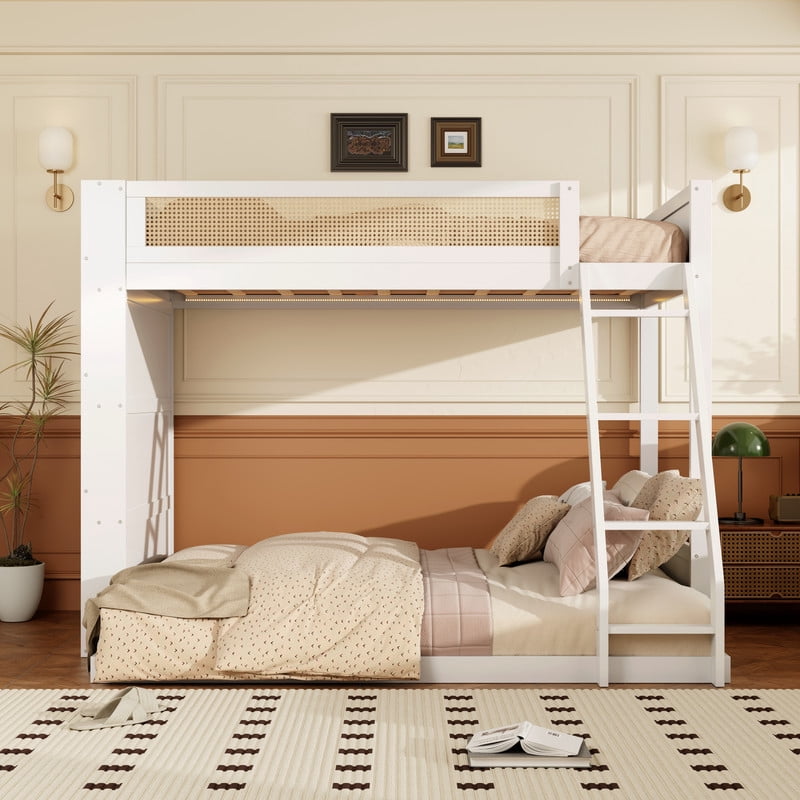 Twin-Over-Full Bunk Bed with Built-in Ladder & LED Strip, Storage Wooden Bed Frame with Bookshelf & Rattan Guardrail