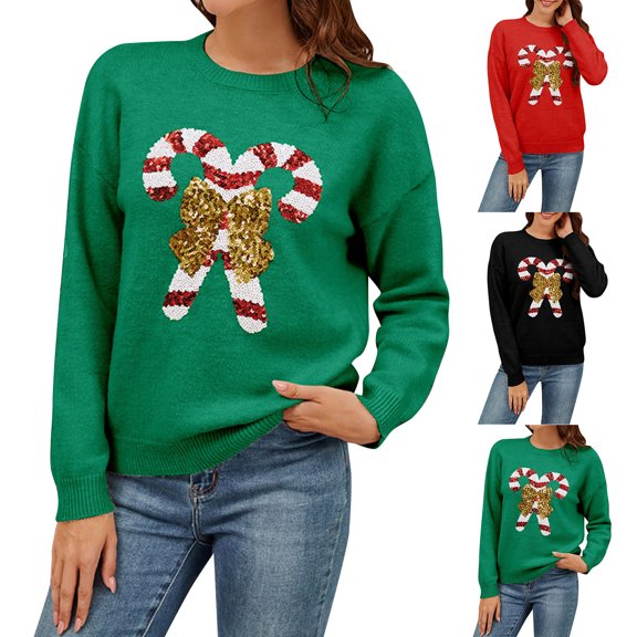 Women's Christmas Cane Bow Sequin Pullover Sweater Round Neck Long Sleeve Knit, Festive and Sparkly, Ideal for Holiday Parties and Celebrations,Red,M