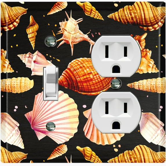 Metal Light Switch Wall Plate Outlet Cover (Colorful Sea Shells Pattern Black - Single Toggle Single Duplex)