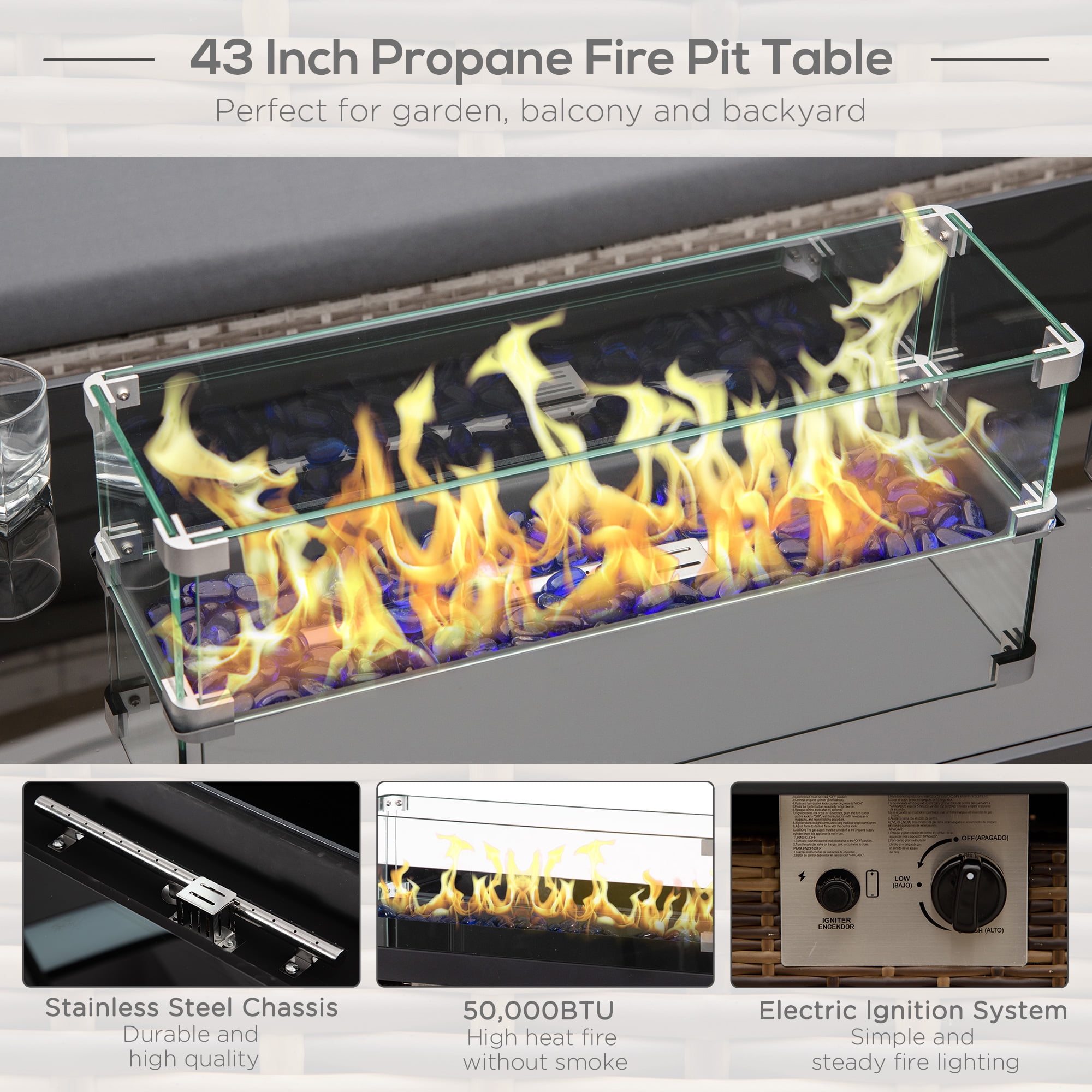 Aimee Lii 43" Outdoor Propane Gas Fire Pit Table, 50,000 BTU Auto-Ignition Wicker Gas Firepit with Glass Wind Guard, Blue Glass Rock, Brown