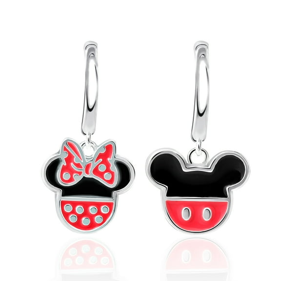 Disney Women's Minnie and Mickey Mouse Sterling Silver Mismatch Charm Hoop Earrings