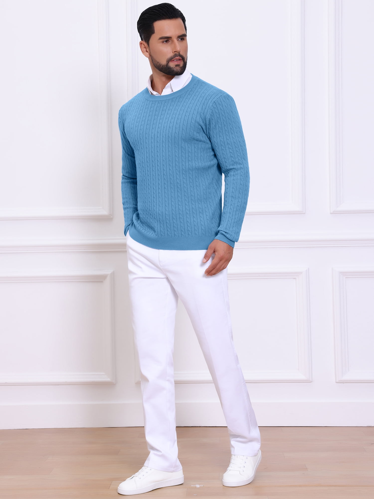 DARING DIVA Men's Crew Neck Long Sleeve Soft Cable Knit Pullover Sweater M Blue