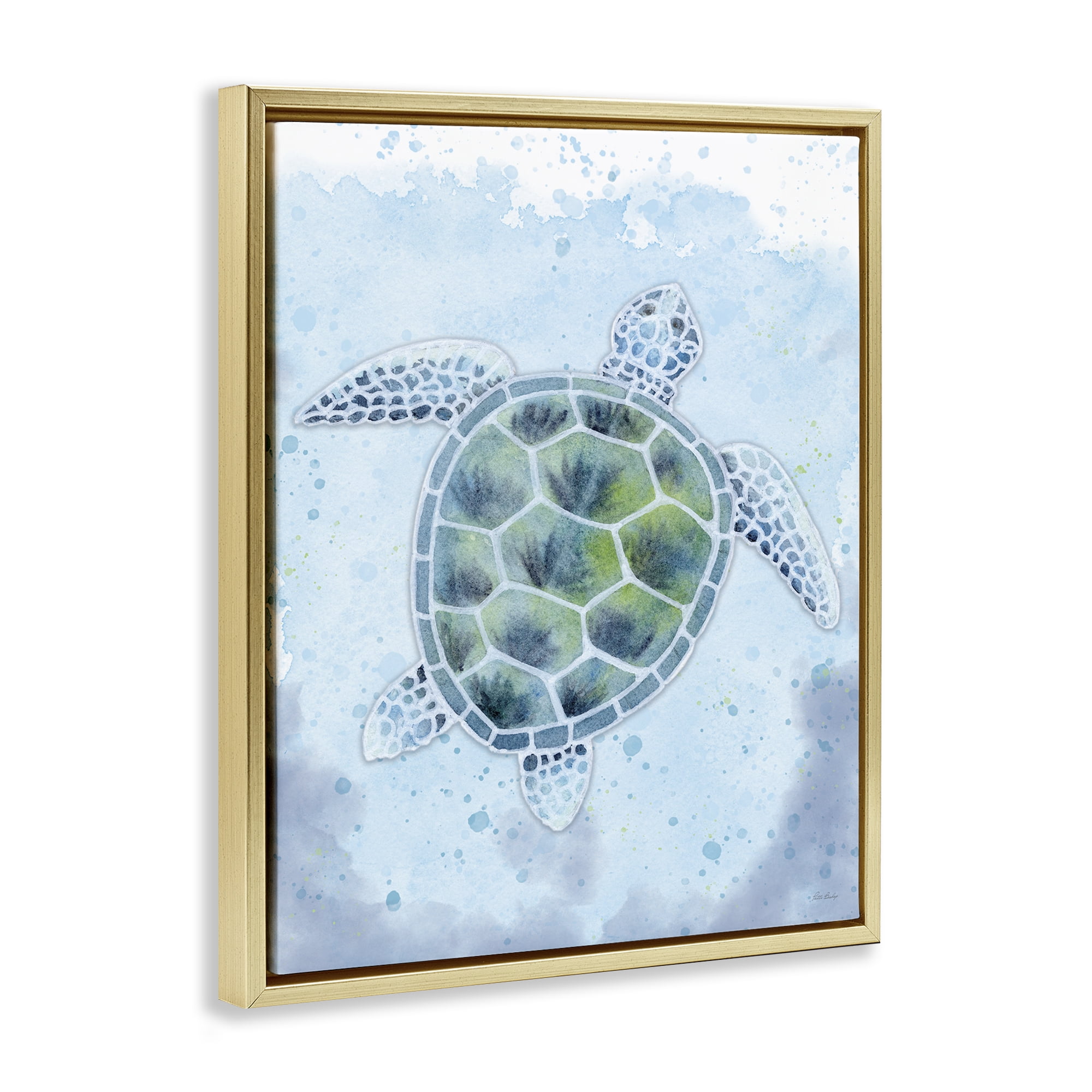 Stupell Industries Stained Glass Turtle Nautical & Beach Painting Gold Floater Framed Canvas Art Print Wall Art, 17 x 21