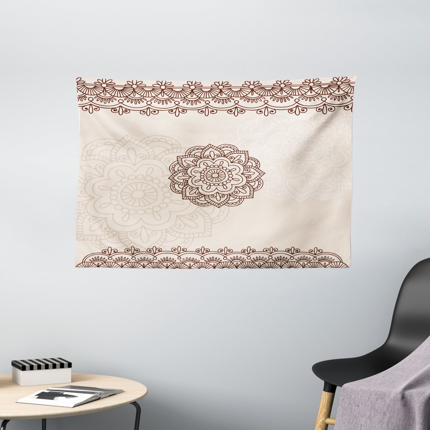 Henna Tapestry, Geometrical Design with Swirls Lines Abstract Flower in