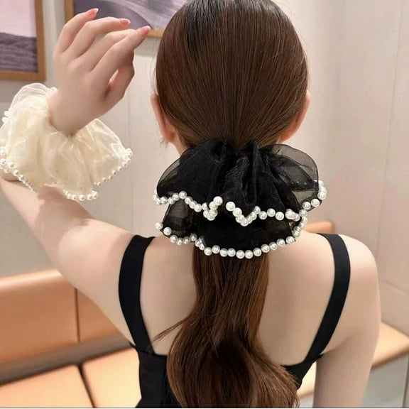 2PCS Satin Scrunchies for Women - Pearls Mesh Hair Ties for Girls | Scrunchies For All Hair Types and Textures