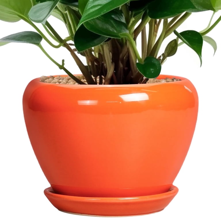 Ordivic 6-Inch Orange Ceramic Planter with Saucer photo 1