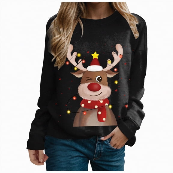 Futezty Christmas Sweatshirts for Women Funny Long Sleeve Xmas Tree Snowman Reindeer Lightweight Tunic Pullover Tops