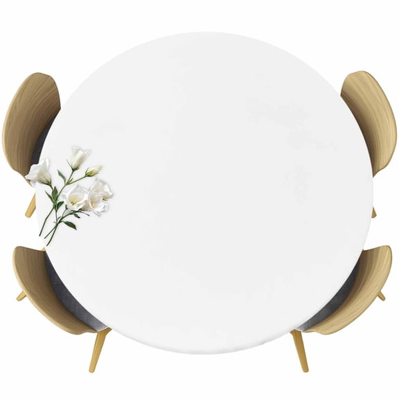 Round Table Cover 45-54 Inch White Waterproof Reusable Table Cloth Round Fitted Vinyl Tablecloth with Elastic Edged for Parties Outdoors, Modern Minimalist Pure Soild Color