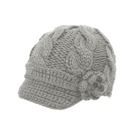 Crochet Winter Beanie - Women Light Grey Crochet Front Brim Winter Hat with Flower Black Beanie Cap