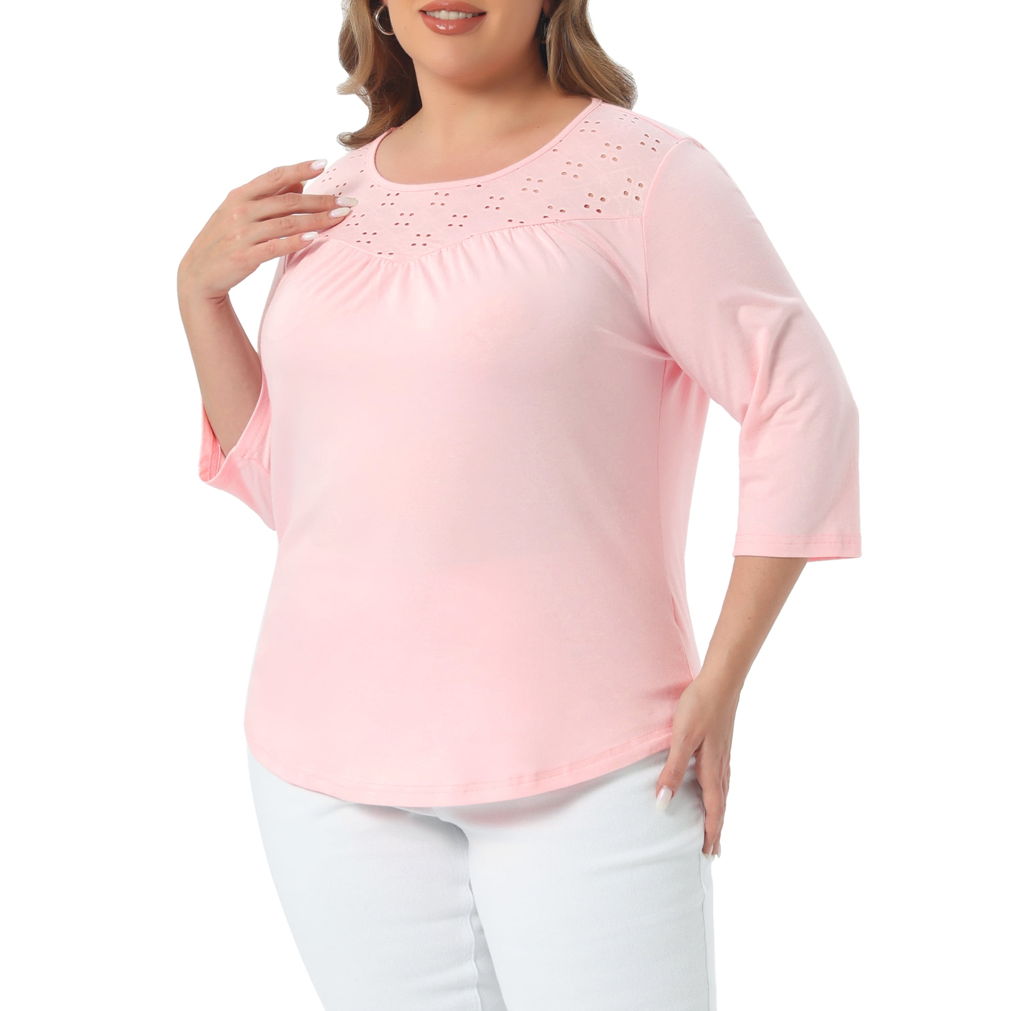 DARING DIVA Women's Plus 3/4 Sleeve Crochet Lace Detail Blouse Tunic Shirt 1X Pink