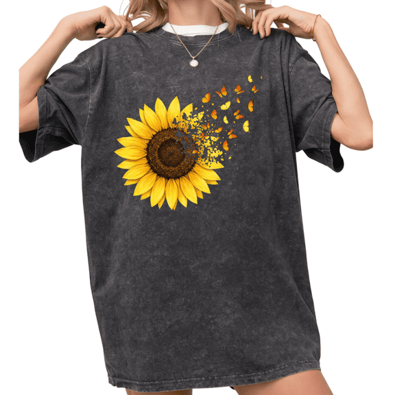 Women's funny Vintage Sunflower Butterfly Floral Art Graphic Short Sleeve Comfortable Washed T Shirt Black S-2XL Plus Size