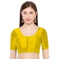 thumbnail image 1 of eloria Women's Art Silk Top Short Sleeve Blouse Deep Neck Top Sari Accessories Color: Yellow | Size: 40, 1 of 5
