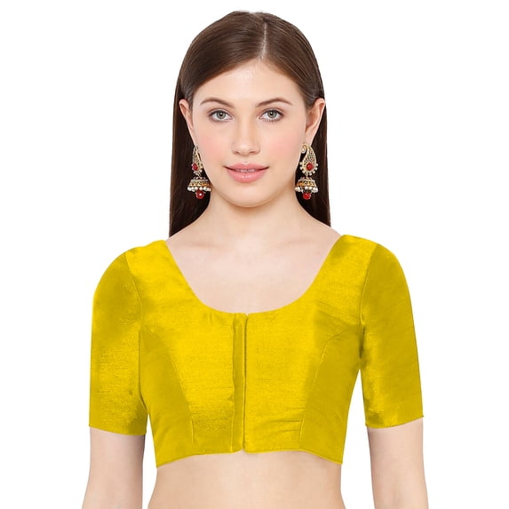 eloria Women's Art Silk Top Short Sleeve Blouse Deep Neck Top Sari Accessories Color: Yellow | Size: 40
