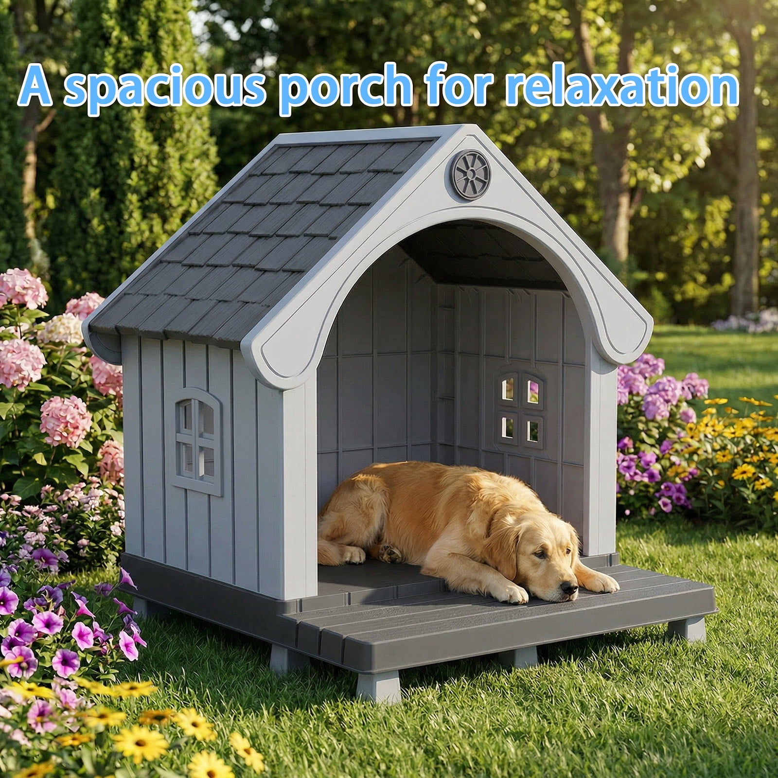 Fazzn Elevated Resin Dog House with Porch, Weatherproof Outdoor Pet Shelter for Small to Medium Dogs, Easy Assembly & Durable.Black