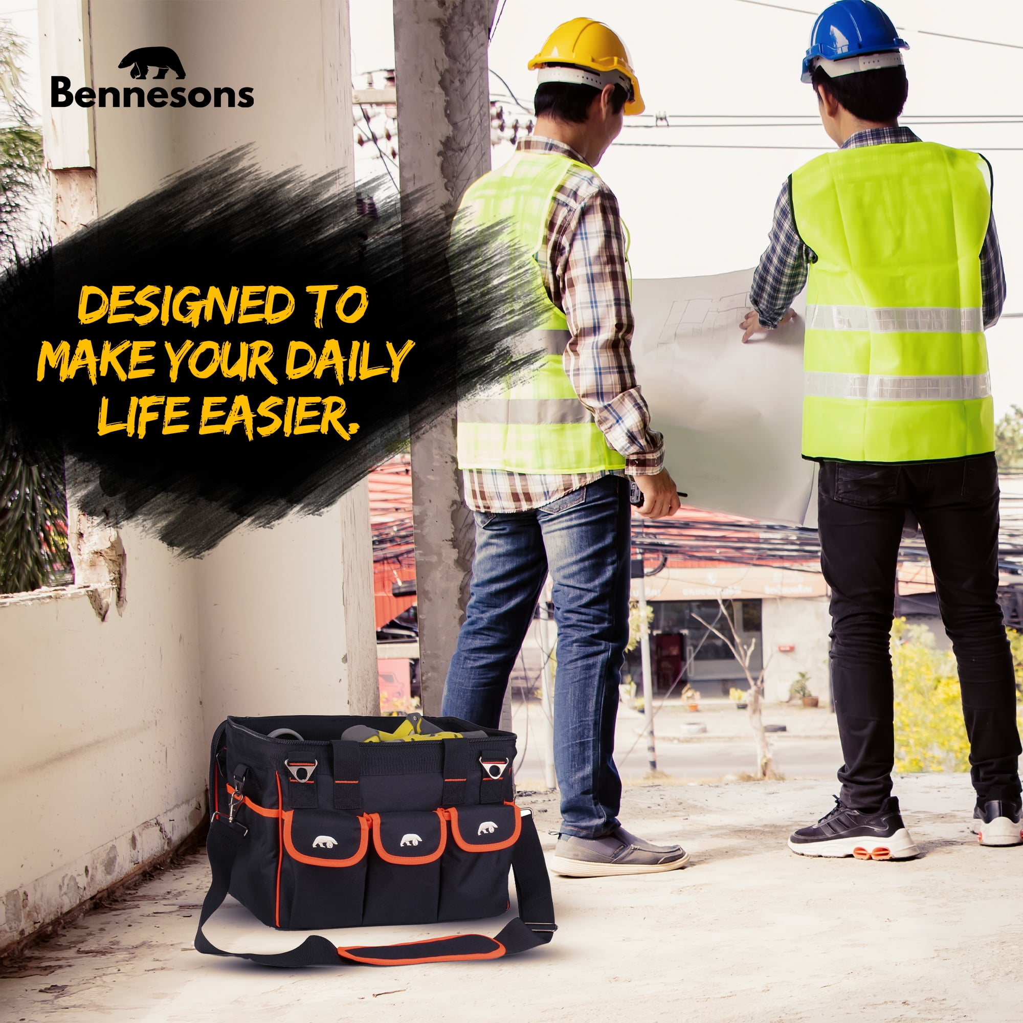 BENNESONS Worker's Pro Construction Tool Bag - 15 Inch Heavy Duty Tool Bag Organizer w/ 14 Pockets Durable Zipper - Sturdy Fabric - Comfortable Straps  Tool Storage Organizer for Home & Job Site