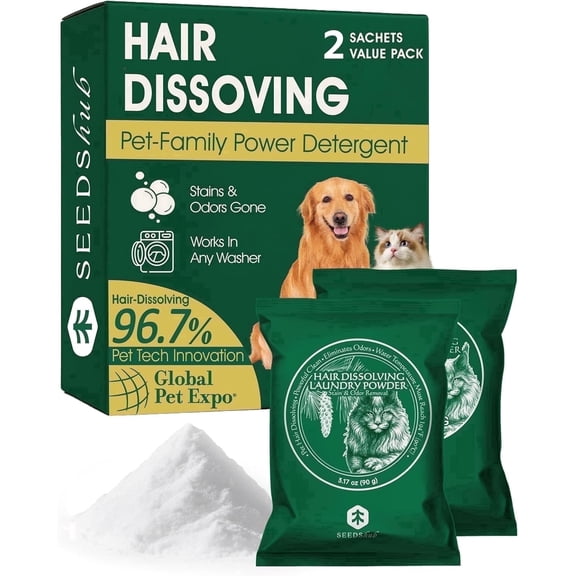 Seedshub Pet Hair Remover for Laundry - Dog and Cat, 96.7% Hair Dissolution Laundry Powder, Laundry Detergent & Stain Remover for Clothes, 2 Sachets