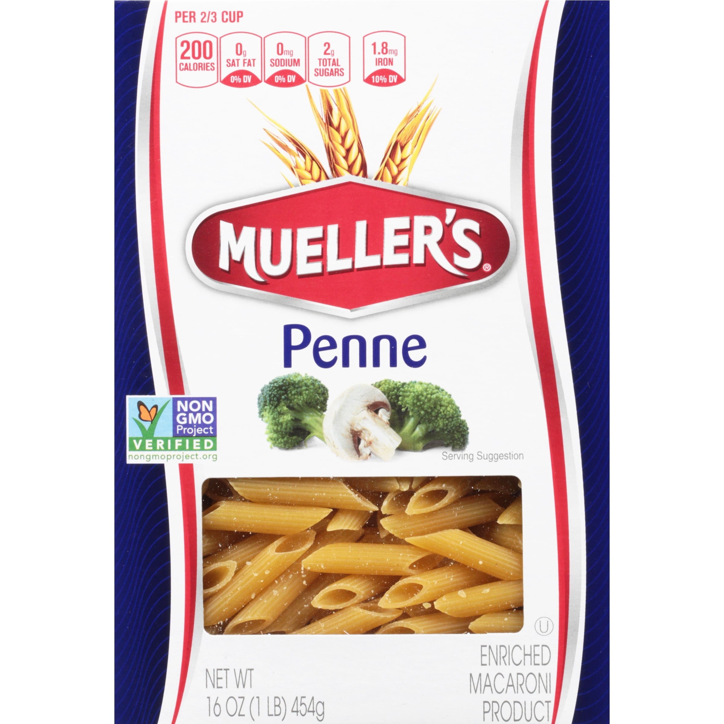 (2 pack) Mueller's Sodium-Free, Cholesterol-Free Penne Rigate Pasta, 16 oz (Shelf-Stable)