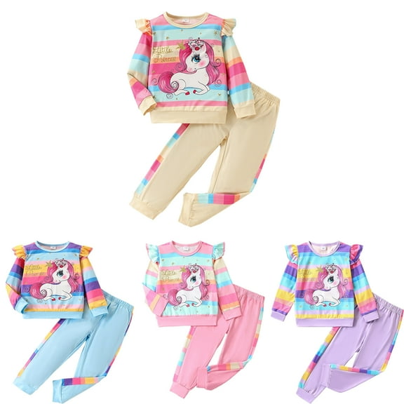 Bellafa Little Girls Rainbow Stripes Unicorn Sweatshirt and Jogger Pants Outfits Toddler Baby 2 Pieces Long Sleeve Fall Winter Clothes Set